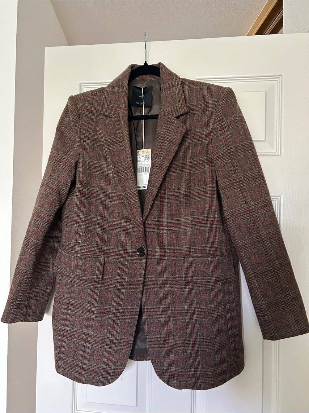 New Mango Woven Plaid Single-Button Blazer Jacket - Brown